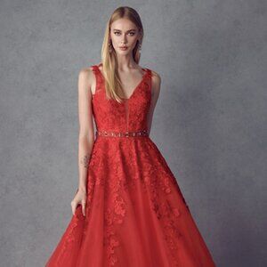 NEW LONG SLEEVELESS A-LINE POLYESTER DRESS EMBROIDERED WITH FLORAL LACE JT 224